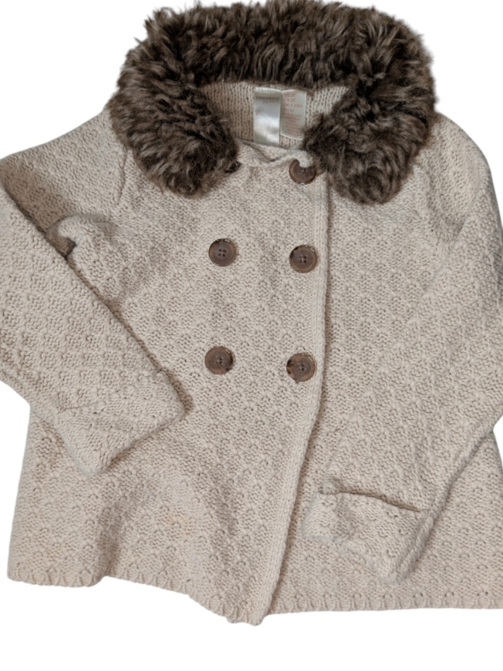 Strawberry Faire Cream Knit Peacoat with Faux Fur Collar 2T
